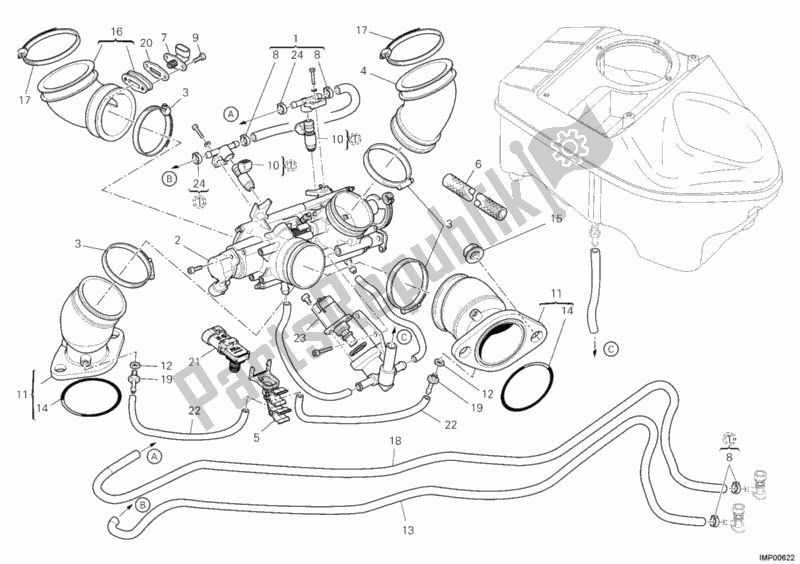 All parts for the Intake Manifold of the Ducati Hypermotard 1100 EVO USA 2012